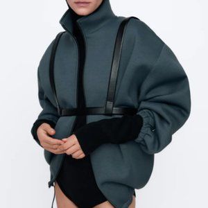 NWT Zara BlueGray Neoprene Effect Zip Sweatshirt S